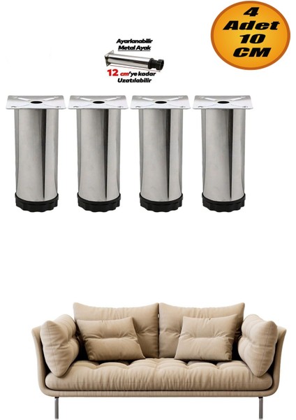 Bro Dolap Ayarlanabilir Mobilya Kanepe Baza Koltuk Metal Destek Yükseltici Ayağı 10 cm Krom (4 Adet)