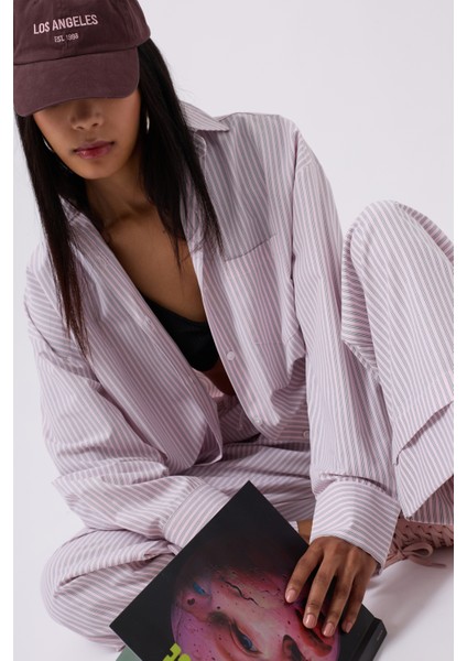 Çizgili Cep Detay Pembe Gömlek