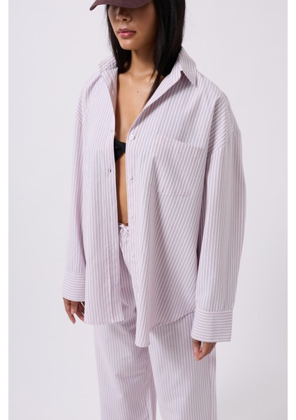 Çizgili Cep Detay Pembe Gömlek modelleri