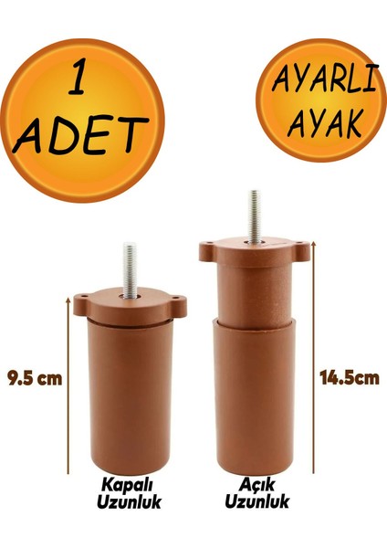 Ayarlanabilir Gizli Mobilya Kanepe Baza Koltuk M8 Civatalı Vidalı Orta Destek Ayağı Ayak Kahve 9.5cm