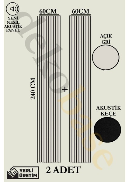 Açık Gri (2 Adet) 60X240CM Yeni Nesil Akustik Ahşap Duvar Paneli