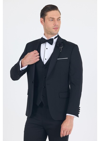 Siyah Mono Yaka Tek Düğme Slim Fit Yelekli Ceremony Takım Elbise 1001250201