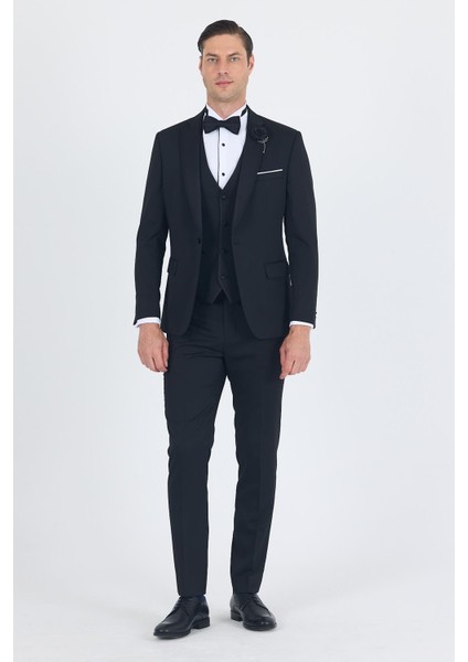 Siyah Mono Yaka Tek Düğme Slim Fit Yelekli Ceremony Takım Elbise 1001250201