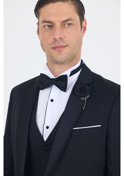 Siyah Mono Yaka Tek Düğme Slim Fit Yelekli Ceremony Takım Elbise 1001250201