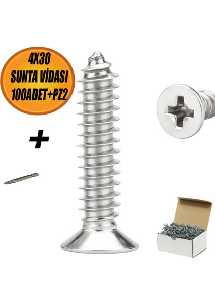 Sunta Vidası 4X30 mm 100 Adet +Pz2 50MM Sivri Uçlu Ahşap Tahta Ağaç Mobilya Ayak Kulp Vidası