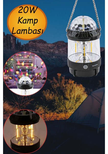 Dekoratif Disko Döner Toplu Kamp Lamba LED Sarı Işıklı El Feneri Şarjlı Pilli Işıldak Portatif 20 W.