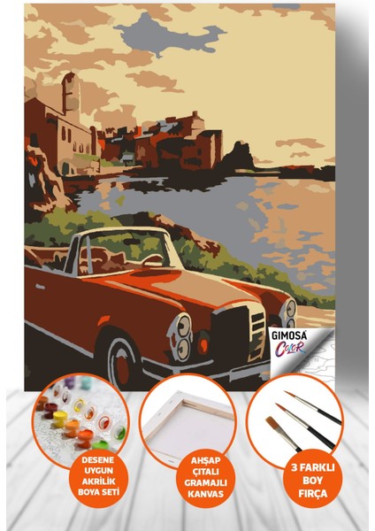 Color Retro Araba Sayılarla Boyama Seti - Yetişkin Boyama, 40X50 Tuval Seti, Kendin Yap Hobi Seti