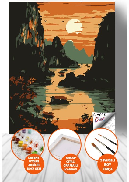 Color Gün Batımı Nehri Sayılarla Boyama Seti - Yetişkin Boyama, 40X50 Tuval, Kendin Yap Hobi Seti