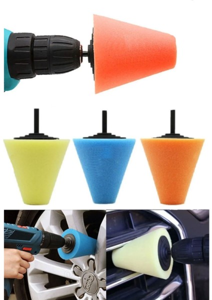 Oto Araç Araba Pasta Cila Konik Parlatma Polisaj Süngeri Aparatı Matkap Ucu Temizlik Seti (3 Parça)