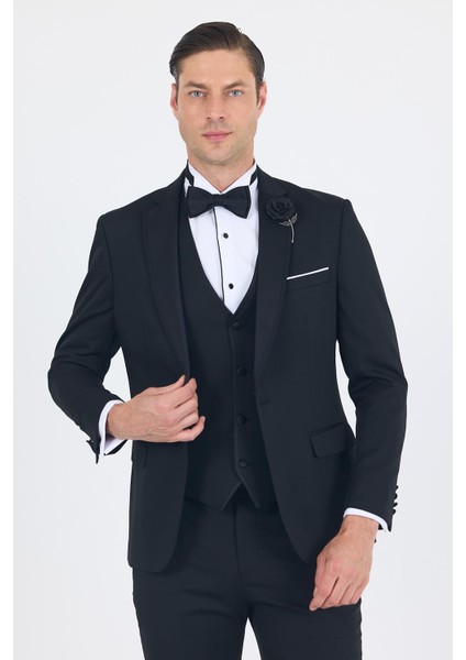 Siyah Mono Yaka Tek Düğme Slim Fit Yelekli Ceremony Takım Elbise 1001250201 modelleri
