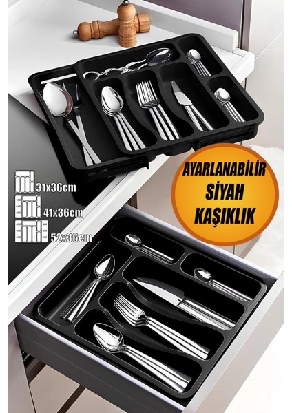 Siyah Açılabilir Ayarlanabilir Kayar Kaşıklık Çekmece Içi Bıçak Kaşık Çatal Düzenleyici Çift Kanat