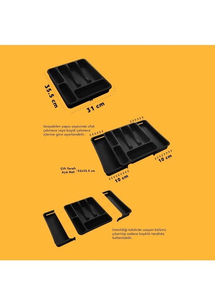 Siyah Açılabilir Ayarlanabilir Kayar Kaşıklık Çekmece Içi Bıçak Kaşık Çatal Düzenleyici Çift Kanat modelleri