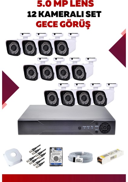 12 Kameralı Set - 5mp Sony Lensli Full Hd Gece Görüşlü Güvenlik Kamerası Sistemi -QVXA6PQFZI