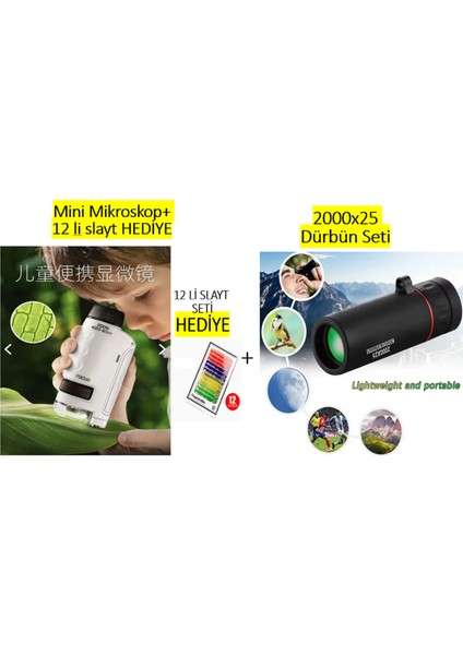 Çocuklar Için Eğitici 2 Li Set -Işıklı Mini Cep Boy Zoomlu El Mikroskop Seti + 2000X25 Mini El Dürbünü (Başlangıç Seti)