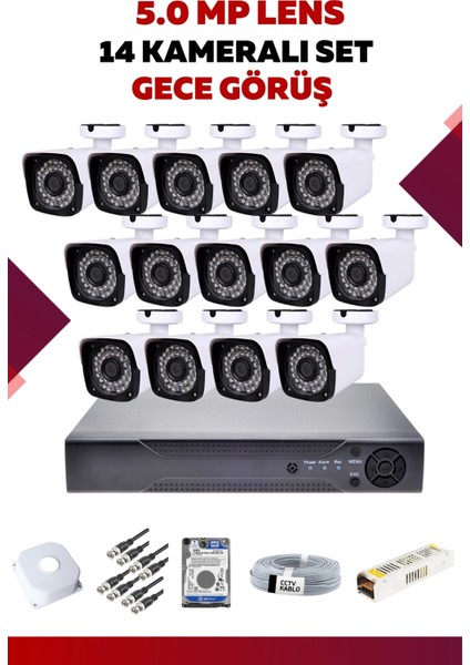 14 Kameralı Set - 5mp Sony Lensli Full Hd Gece Görüşlü Güvenlik Kamerası Sistemi - 4YBMU7CG63