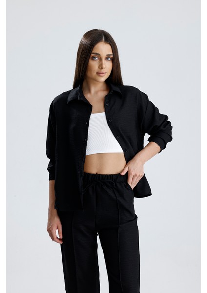 Kadın Oversize Alt Üst Takım – Gömlek ve Lastikli Pantolon Ikili Set