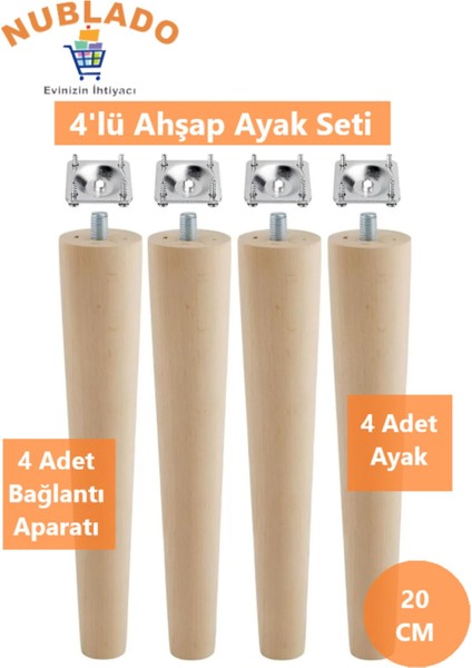 Ahşap (20 Cm) Sehpa Konsol Puf Tv Ünitesi Ayağı Ayakları M8 Civatalı Bağlantı Aparatlı 4'lü Set