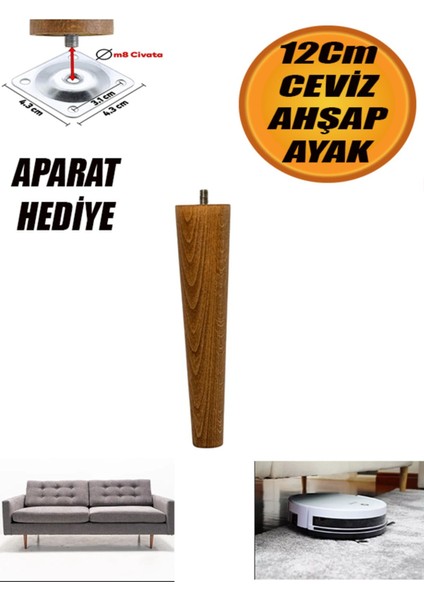 Ahşap Dolap Mobilya Koltuk Kanepe Ayağı Ayakları M8 12 cm (Ceviz) Bağlantı Aparatlı 4'lü Set modelleri