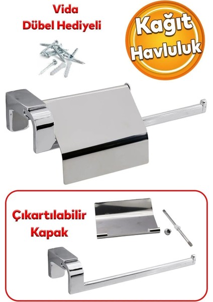 Mutfak Aparat Uzun Kağıt Havluluk Banyo Lavabo Kapaklı Kağıtlık 26 cm Metal Sağlam Krom