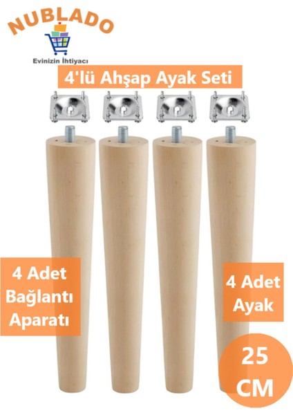 Ahşap (25 Cm) Sehpa Puf Tabure Tv Ünitesi Ayağı Ayakları M8 Civatalı Bağlantı Aparatlı 4'lü Set