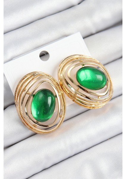 Pirinç Zümrüt Yeşili Zirkon Taşlı Oval Model Gold Renk Kadın Küpe