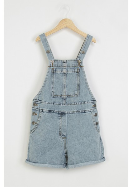 Cepli Düğmeli Askılı Kot Salopet Kız Çocuk Şort Tulum