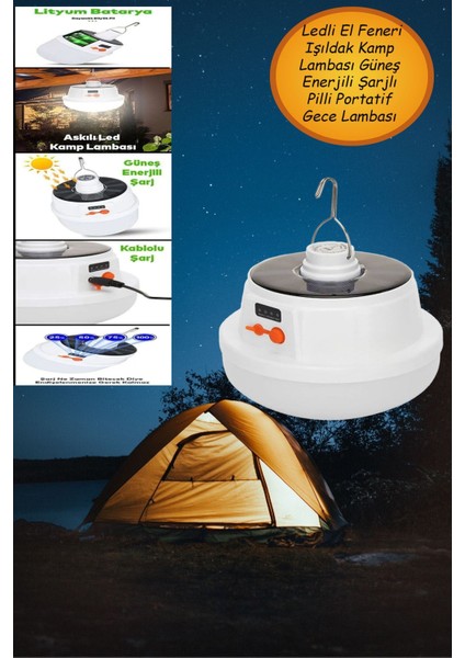 Ledli El Feneri Işıldak Kamp Lambası Güneş Enerjili Şarjlı Pilli Portatif Gece Lambası 30 W.