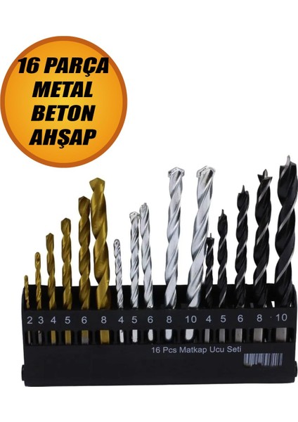 Bro Matkap Ucu Set 16'lı Paket Beton Duvar Ahşap Metal Çelik Delme Değişik Uzunluk Çap Uç Seti
