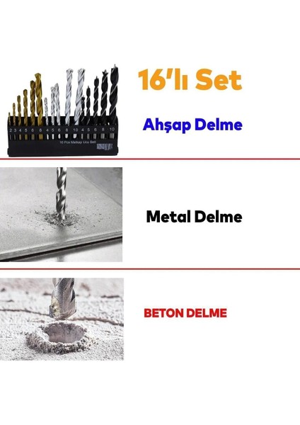 Bro Matkap Ucu Set 16'lı Paket Beton Duvar Ahşap Metal Çelik Delme Değişik Uzunluk Çap Uç Seti indirimleri
