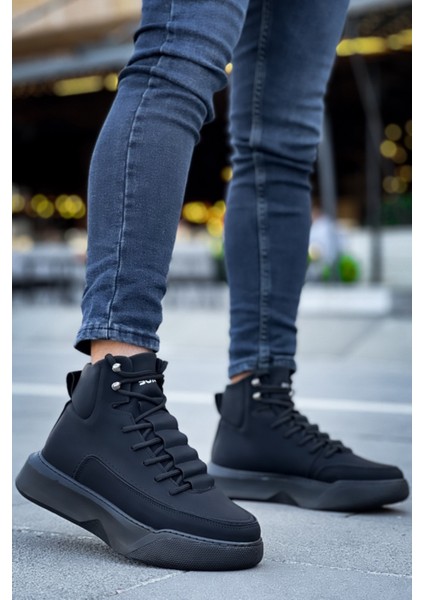 ET0321 Gizli Bağcıklı Erkek Yüksek Taban Siyah Spor Bot
