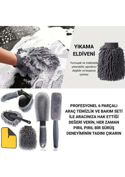6 Parça Profesyonel Mikrofiber Araç Oto Yıkama Seti Yıkama Eldiveni Jant Lastik Fırçası Toz Fırçası