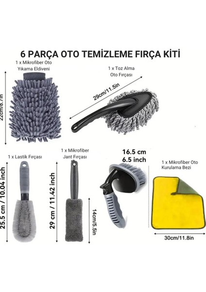 6 Parça Profesyonel Mikrofiber Araç Oto Yıkama Seti Yıkama Eldiveni Jant Lastik Fırçası Toz Fırçası