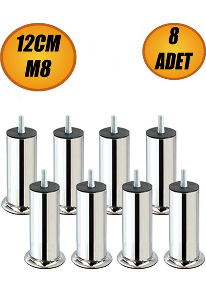 Baza Koltuk Kanepe Mobilya Yatak Çekyat Ayağı Diş Metrik 8 mm Krom Metal Ayakları 12 cm 8 Adet