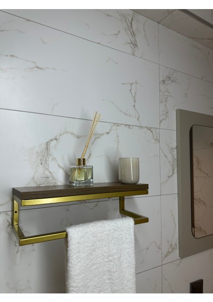 Fulya Banyo Ahşap Raflı Gold Metal Havlu, Şal Askılık
