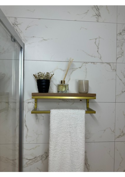 Fulya Banyo Ahşap Raflı Gold Metal Havlu, Şal Askılık fırsatları