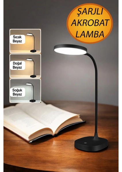 Bro Şarjlı Akrobat 360° Masa Üstü Lamba 3 Kademe Dokunmatik Çalışma Okuma Işığı Gece Lambası Işık