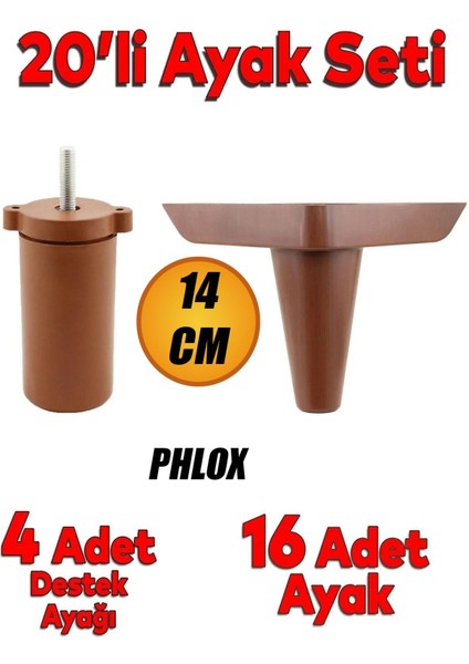 20'li Set Phlox Lüks Mobilya Koltuk Kanepe Tv Ünitesi Yükseltme Destek Ayağı 14 cm Kahve Ayakları