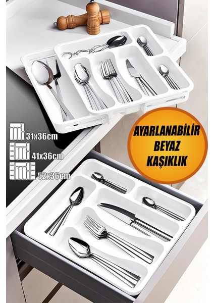 Beyaz Açılabilir Ayarlanabilir Kayar Kaşıklık Çekmece Içi Bıçak Kaşık Çatal Düzenleyici Çift Kanat