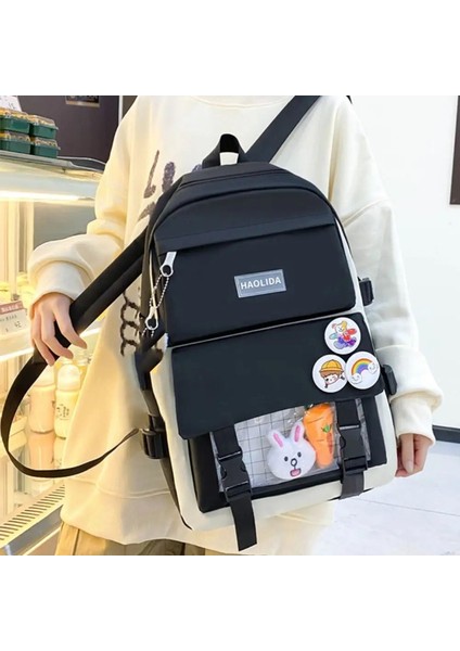 Tatlı Naylon Büyük Kapasiteli Çantalar Tuval Gidip Rozet Omuz Sırt Çantası Basit Okul Çantası Kore Tarzı Okul Çantası Kidscolor: Black-Backpack (Yurt Dışından)