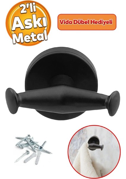 Askılık Banyo Lavabo Çatal 2'li Siyah Renk Metal Sağlam Aparat Bornoz Havlu Asma Askı Vidalı