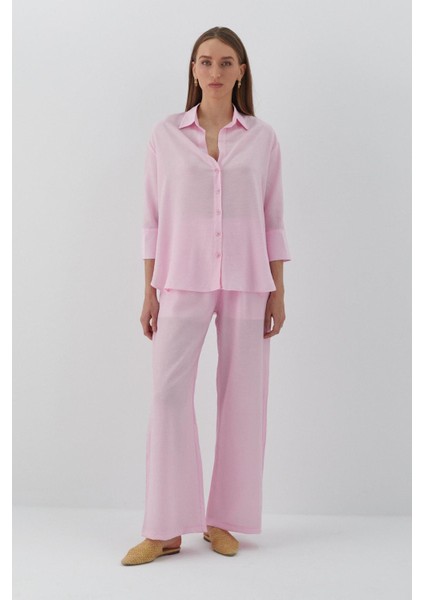 Beli Lastikli Krinkıl Pantolon Pembe