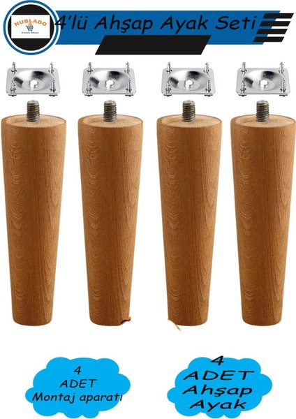 Ahşap Ayak (12 Cm) 4'lü Set Bağlantı Aparatlı Mobilya Koltuk Kanepe Ayağı Ayakları M8 Civatalı.