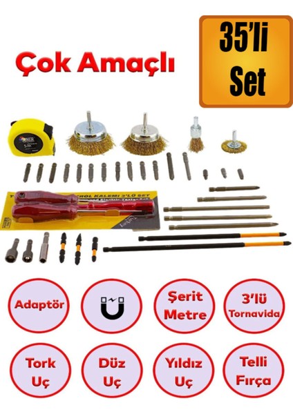 Tornavida Matkap Bits Uç Vidalama Ucu Düz Yıldız Torx Adaptör Metre Çanak Telli Fırça 35 Parça Set