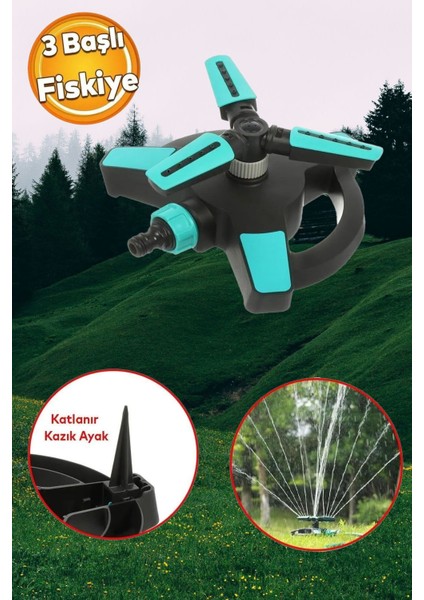 Yarımay Tablalı Hareketli Su Fıskiyesi 3 Başlıklı Dönerli Bahçe Çim Sulama Aparatı Plastik DY6064GMF