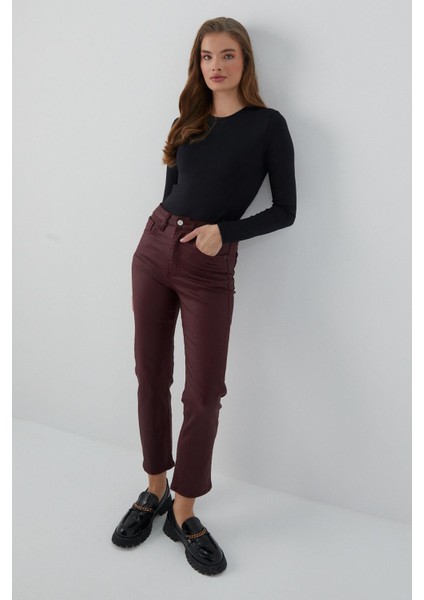 Deri Görünümlü Likralı Pantolon Bordo fiyatları