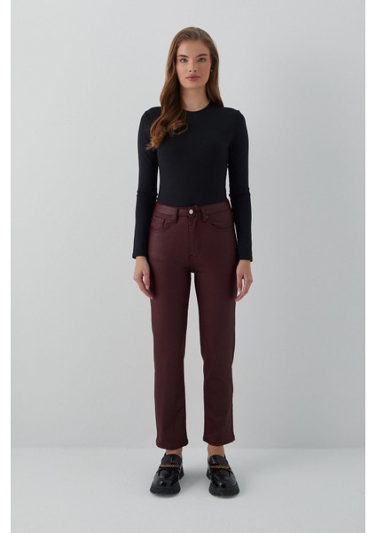 Deri Görünümlü Likralı Pantolon Bordo modelleri