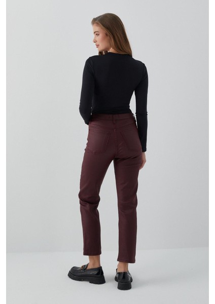 Deri Görünümlü Likralı Pantolon Bordo indirimleri
