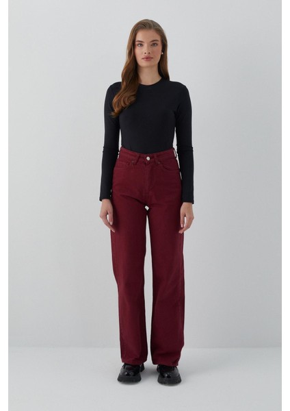 Yüksek Bel Straight Jean Bordo modelleri