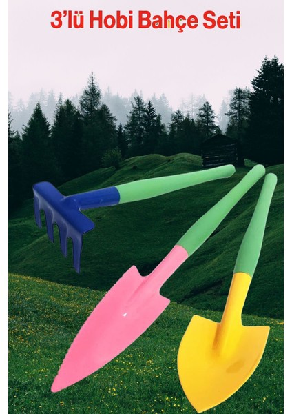Hobi 3'lü Set Çapa Tırmık Metal Bahçe Tarla Çim Peyzaj Bitki Çiçek Ekme Toprak Işleme Küreği Küçük.