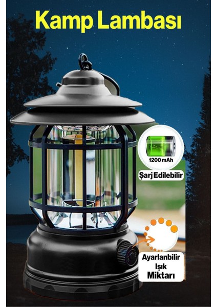 Dekoratif Kamp Lambası Ledli Beyaz Işıklı El Feneri Işıldak Şarjlı Portatif Gece Lamba Siyah.